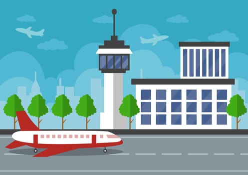 Airport Terminal building with infographic aircraft taking off and Different transport types elements templates Vector illustration