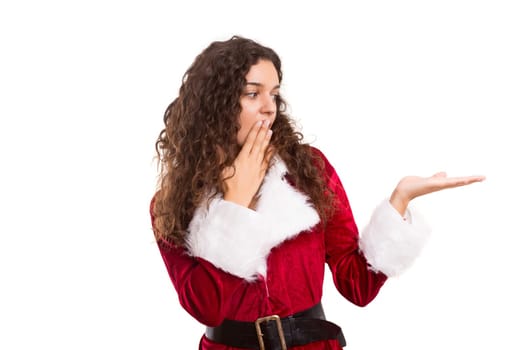 Young woman dress in Christmas costume, presenting your product