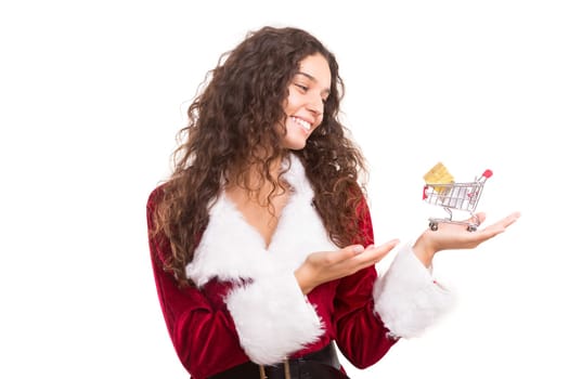 Young woman dress in Christmas costume, presenting your product