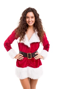 Beautiful young woman dressed with christmas costume, isolated over white