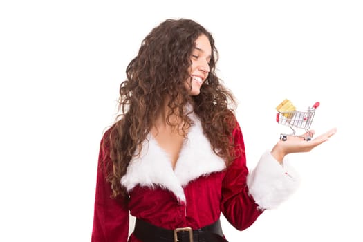 Young woman dress in Christmas costume, presenting your product