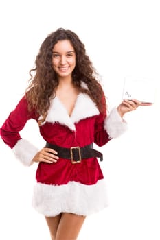 Beautiful young woman dressed with christmas costume, isolated over white