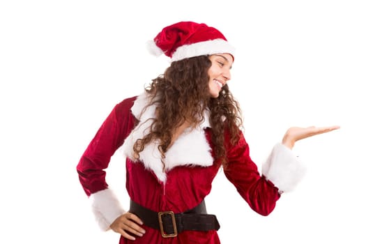 Young woman dress in Christmas costume, presenting your product