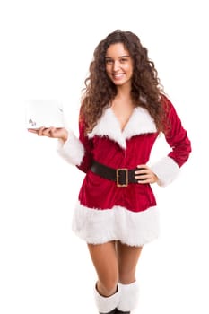 Beautiful young woman dressed with christmas costume, isolated over white