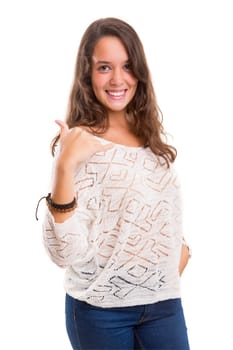 Happy young student making "call me"" sign with hand"