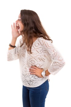 Woman screaming at someone, isolated over a white background