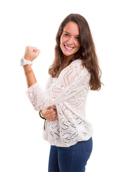 Studio shot: Happy woman with raised arms