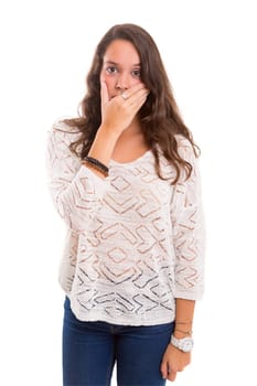 Surprised young woman isolated over white background