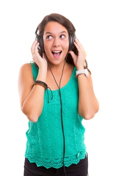 A Happy young woman listening to music