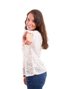 Young beautiful woman pointing at you, isolated over white
