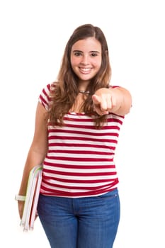 Young student woman posing over white background