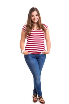 Beautiful young woman posing isolated over white background