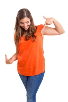 Young beautiful woman presenting your product, isolated over white background