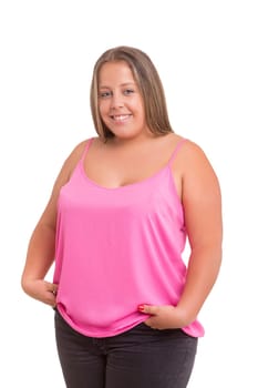 Happy overweighted woman posing isolated over white background