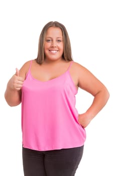 Happy overweighted woman posing isolated over white background