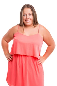 Happy overweighted woman posing isolated over white background