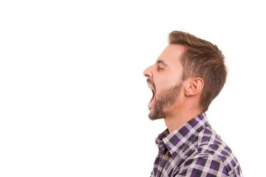 Man screaming at someone, isolated over a white background