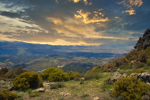 Nature of the Sierra Nevada mountain range in Spain during sunset. Travel and tourism.
