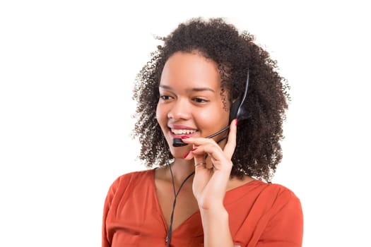 A friendly telephone operator smiling isolated over a white background