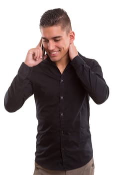Young boy at the phone, isolated over white
