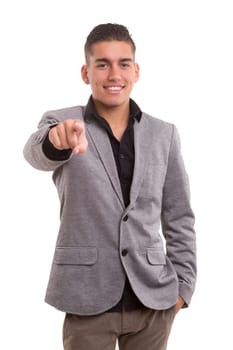 Handsome young man pointing at you, isolated over white background