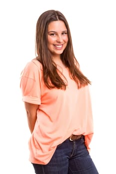 Beautiful young casual woman posing isolated over white