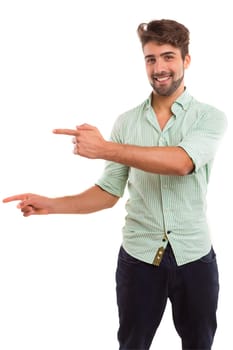 Young man presenting your product, isolated over a white background