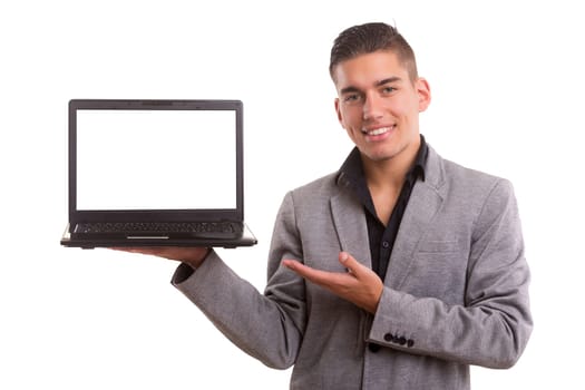 Young man presenting your product in a laptop computer