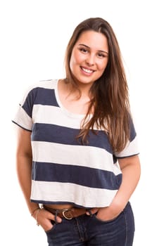 Beautiful young casual woman posing isolated over white