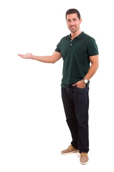 Young man presenting your product, isolated over a white background