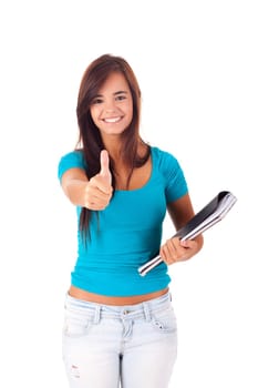 Happy young student expressing positivity sign, isolated over white