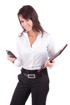 Beautiful business woman posing isolated over white