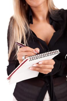 Business woman full of thoughts, isolated on white