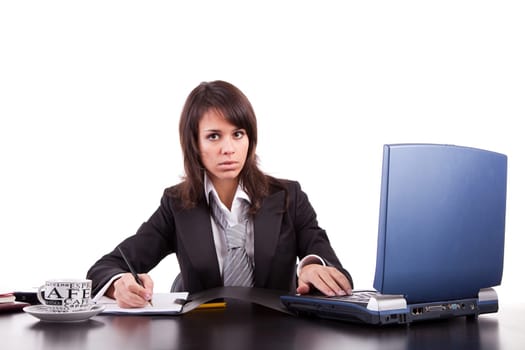Business woman working with laptop, isolated over white