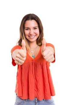 Beautiful young woman signaling ok, isolated over white