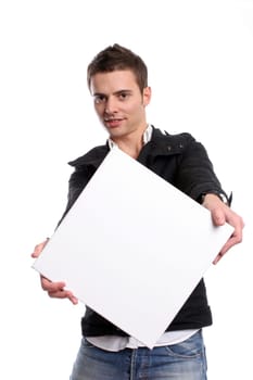 business man with an empty white card, isolated in white background