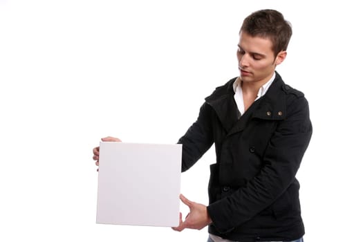 business man with an empty white card, isolated in white background