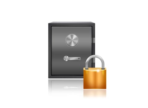 Safe and a padlock on white background