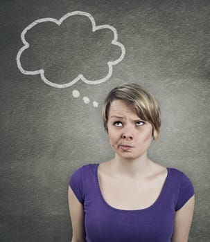 Illustration of a pretty woman thinking, with thought balloon