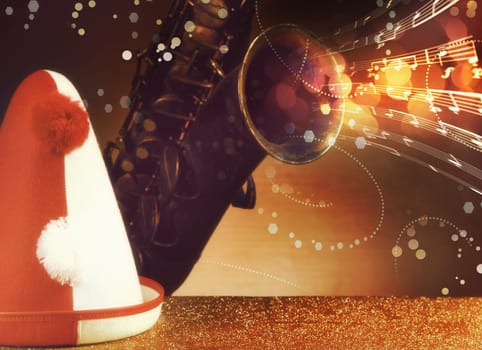 Close up Red White Party Hat And Saxophone Instrument, with musical Notes Effects, on top of Glittery Table in front Gradient Brown Background.