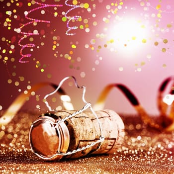 Close up Carnival Wine Cork on Metal Cage on Top of a platform with Particles. Styled with Glitters Effect on Abstract Background.