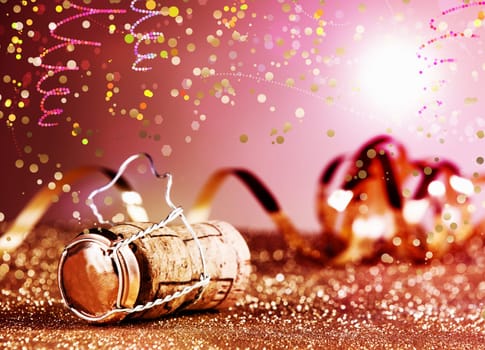 Close up Festive Champagne Cork in Metal Cage with Paper Streamers on Table with Particles. Styled with Glitters and Confetti Effect on Gradient Pink Background.