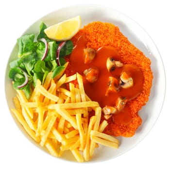 Close Aerial Shot of Gourmet Fries and Jaegerschnitzel Combination on White Plate, Isolated on White