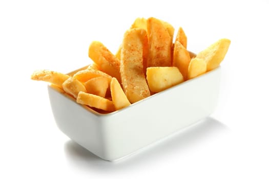 Close up Crispy Potato French Fries on White Bowl Isolated on White Background.