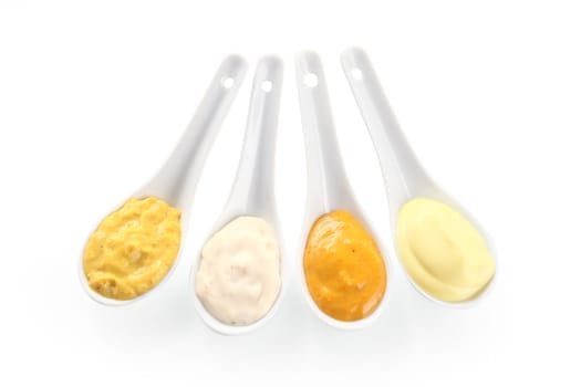 Close up Assorted Flavored Rub and Marinade Pastes on White Serving Spoons, Isolated on White Background.