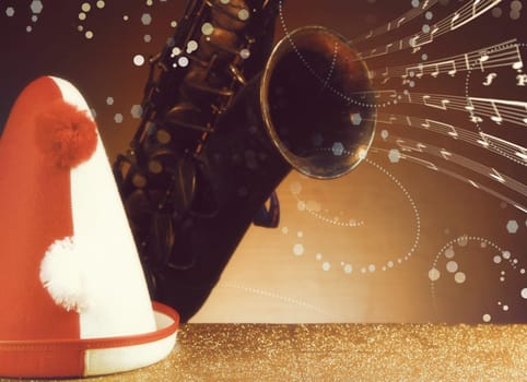 Festival Concept - Close up Party Hat on Table with Glitters and Vintage Saxophone Instrument, with Glowing Musical Notes Effect, in Front Gradient Brown Background.
