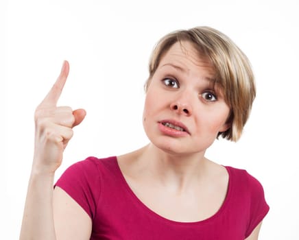 Close up view of a young woman scolding somebody, isolated on white