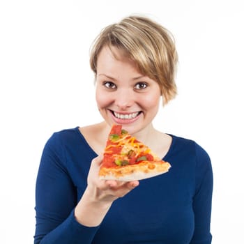 Young woman about to eat a piece of pizza, isolated on white