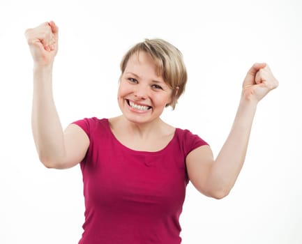 Pretty young woman expressing her happiness, isolated on white