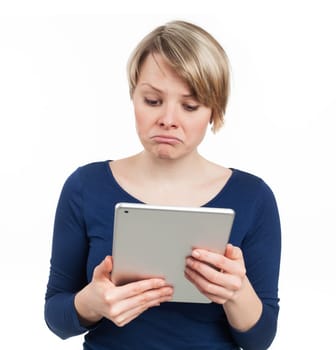Young woman using a touchpad, isolated on white